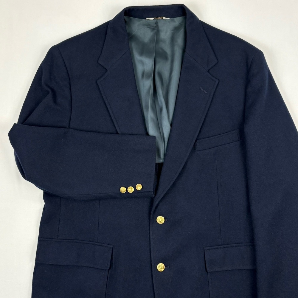 VTG 70s/80s Oakbrook Wool Flannel Blazer Crest Buttons Patch Pockets 44R Navy